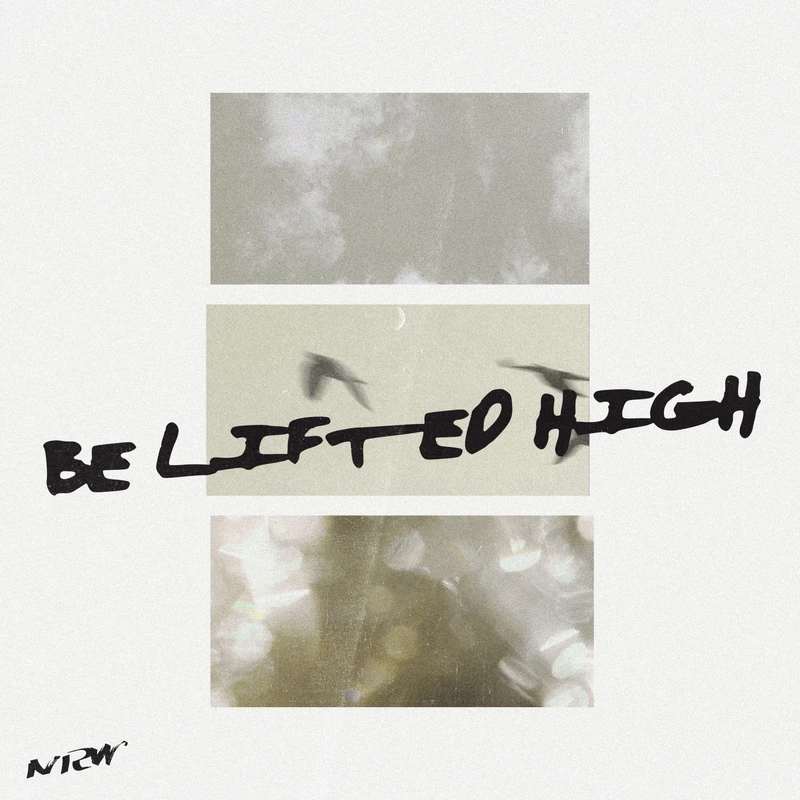 A graphic with three stacked images: clouds, birds in flight with a moon, and blurry lights. The words 'BE LIFTED HIGH' are written across the center.